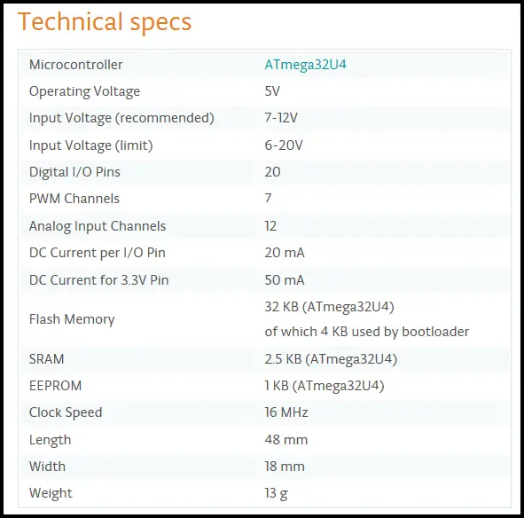 4. 아두이노 마이크로 스펙